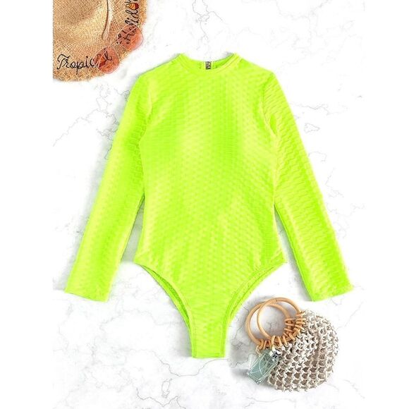 Naked Hanger Solid Lime Green Textured One Piece Swimsuit - Picture 1 of 6